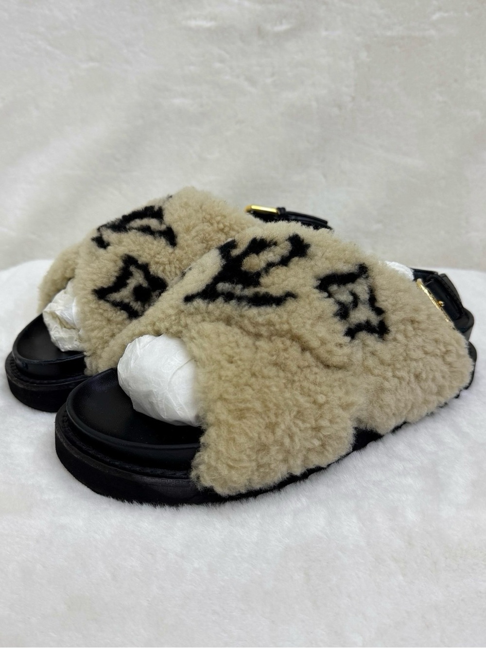 Louis Vuitton Beige Shearling Slide Sandals with Black Logo